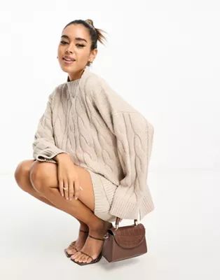 Pretty Lavish cable knit roll neck jumper co-ord in beige | ASOS (Global)