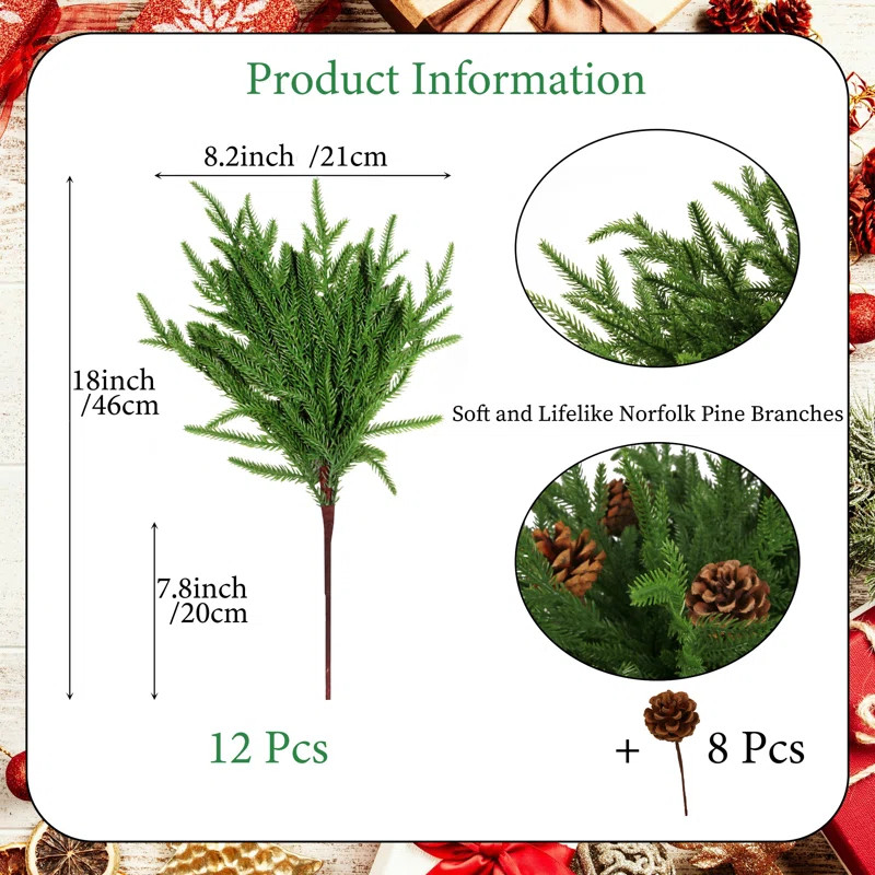 Primrue 12 Pcs Artificial Norfolk Pine Branches With 8pcs Pine Cone Plants Decor | Wayfair | Wayfair North America