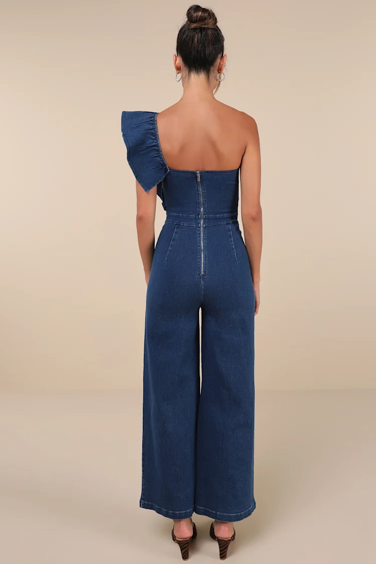 Fabulous Effect Blue Chambray One-Shoulder Wide-Leg Jumpsuit | Lulus