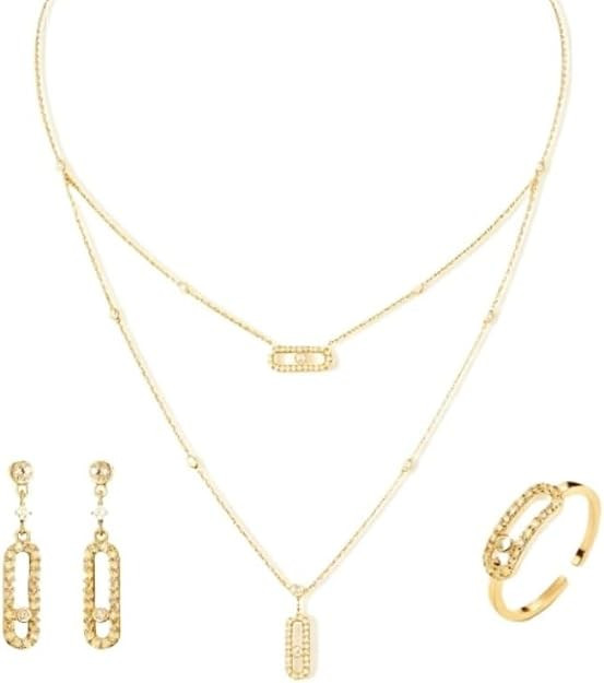 Jewelry set, double necklace, full diamond pendant earrings, open ring, 18k gold-plated sliding r... | Amazon (US)