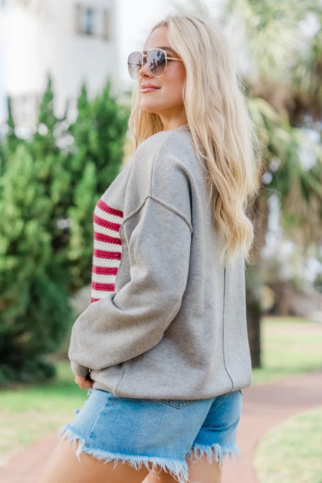 Home Of The Free Grey Textured Flag Sweater | Pink Lily