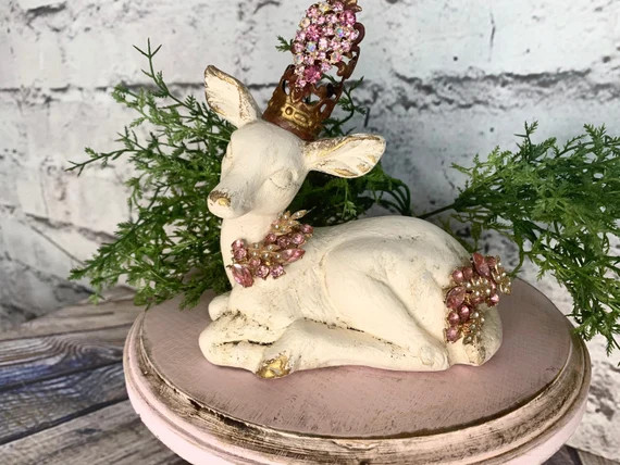 Vintage deer statue,statue with crown,white deer,doe figurine,handmade, french nordic,one of a ki... | Etsy (US)