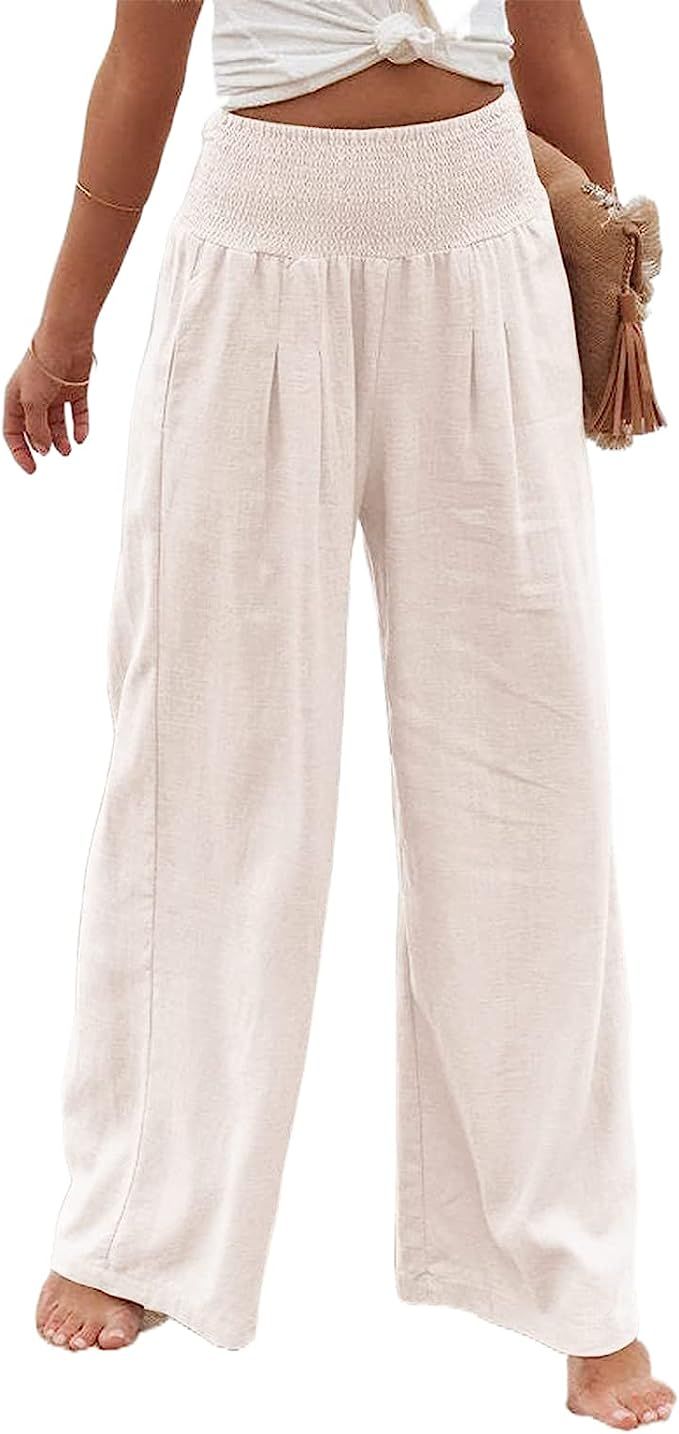 HEZIOWYUN Linen Pants for Women Wide Leg Elastic High Waisted Palazzo Pants Lounge Yoga Trousers ... | Amazon (US)