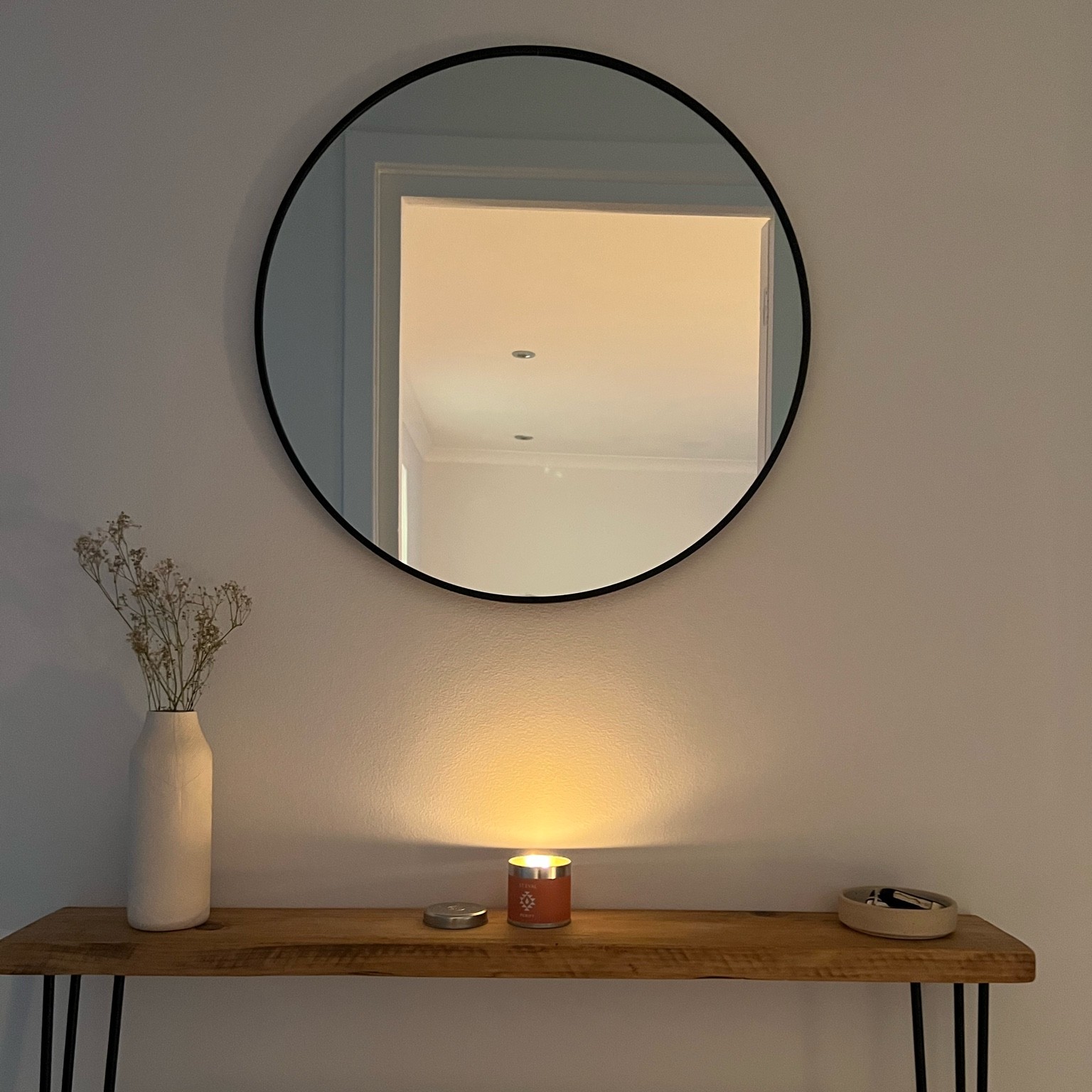 The ideal shelf and mirror for the hallway! The shelf takes up little to no room and has black hairpin legs. We got a mirror with a black frame to match ☁️

#LTKstyletip #LTKhome