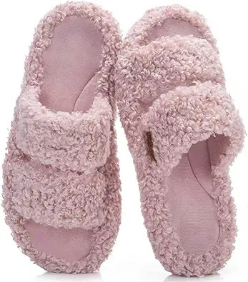 Women's Fuzzy Open-toe Bowknot & Double-Strap Slippers, Memory Foam Non-Slip Indoor House Slides | Amazon (US)