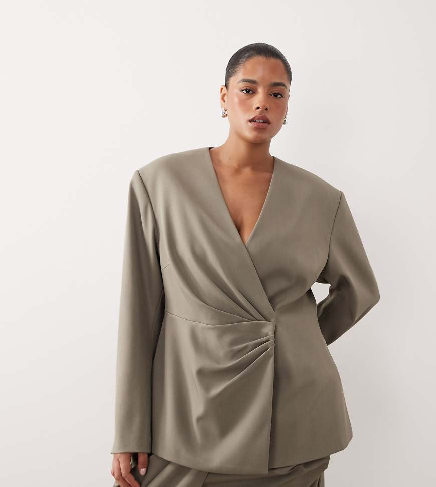 ARRANGE Curve cinched collarless pleated wrap blazer in light grey | ASOS (Global)