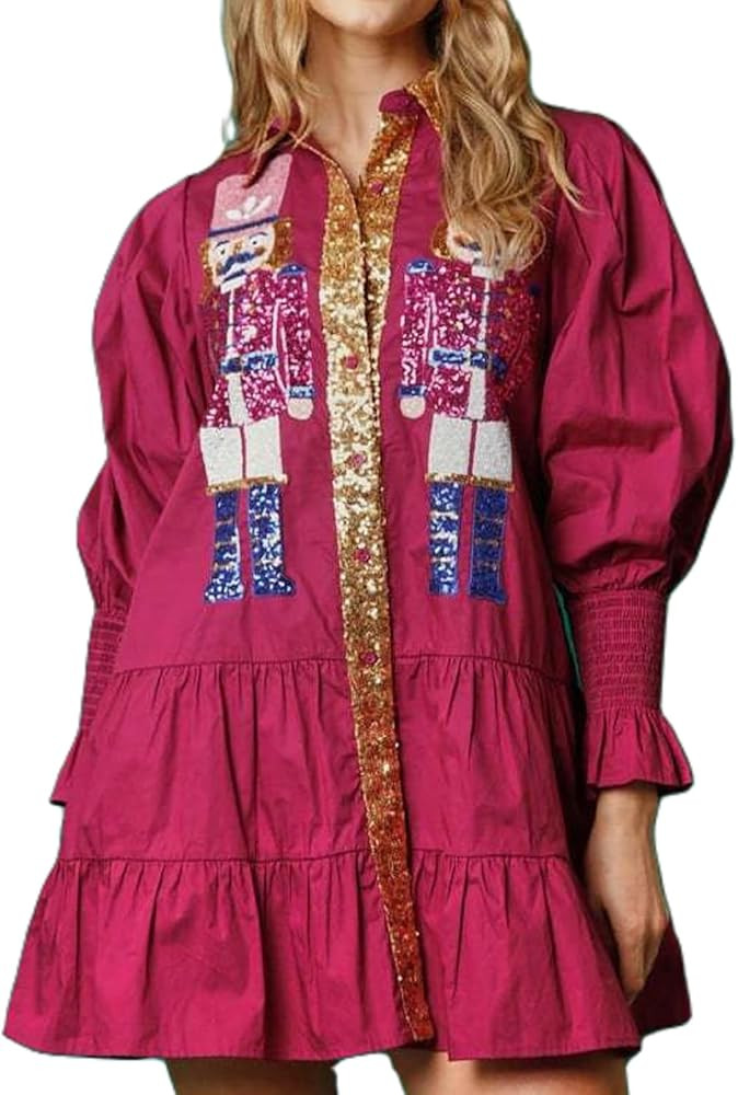 Muineobuka Womens Christmas Sequin Nutcracker Dress Long Sleeve Tiered Glitter Nutcracker Print H... | Amazon (US)