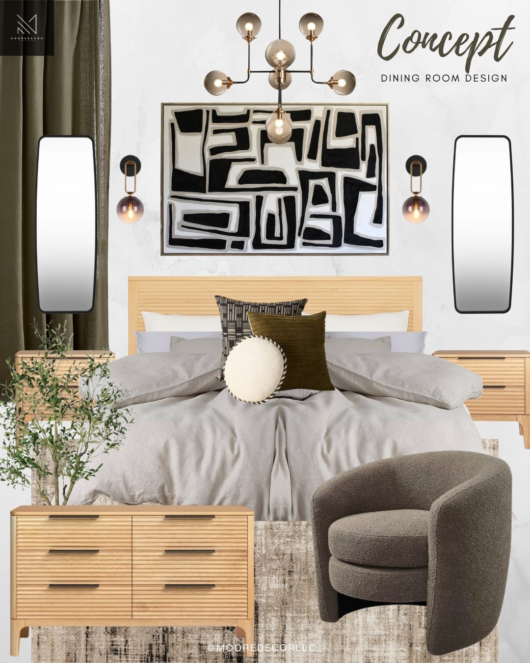 This modern organic bedroom feels like a warm hug. From the natural wood tones to the soft linen bedding and that cozy boucle accent chair — every element was picked to create a calming, earthy vibe. The bold black and white abstract art adds the perfect contrast, while the statement lighting and minimal decor keep things feeling modern and intentional. This is the kind of room that makes you want to slow down and stay a while.

#LTKStyleTip #LTKHome