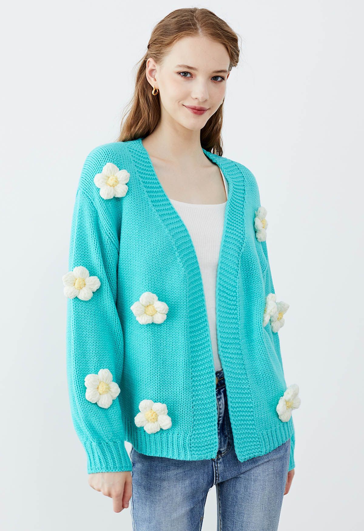 3D Stitch Flower Open Front Knit Cardigan in Blue | Chicwish
