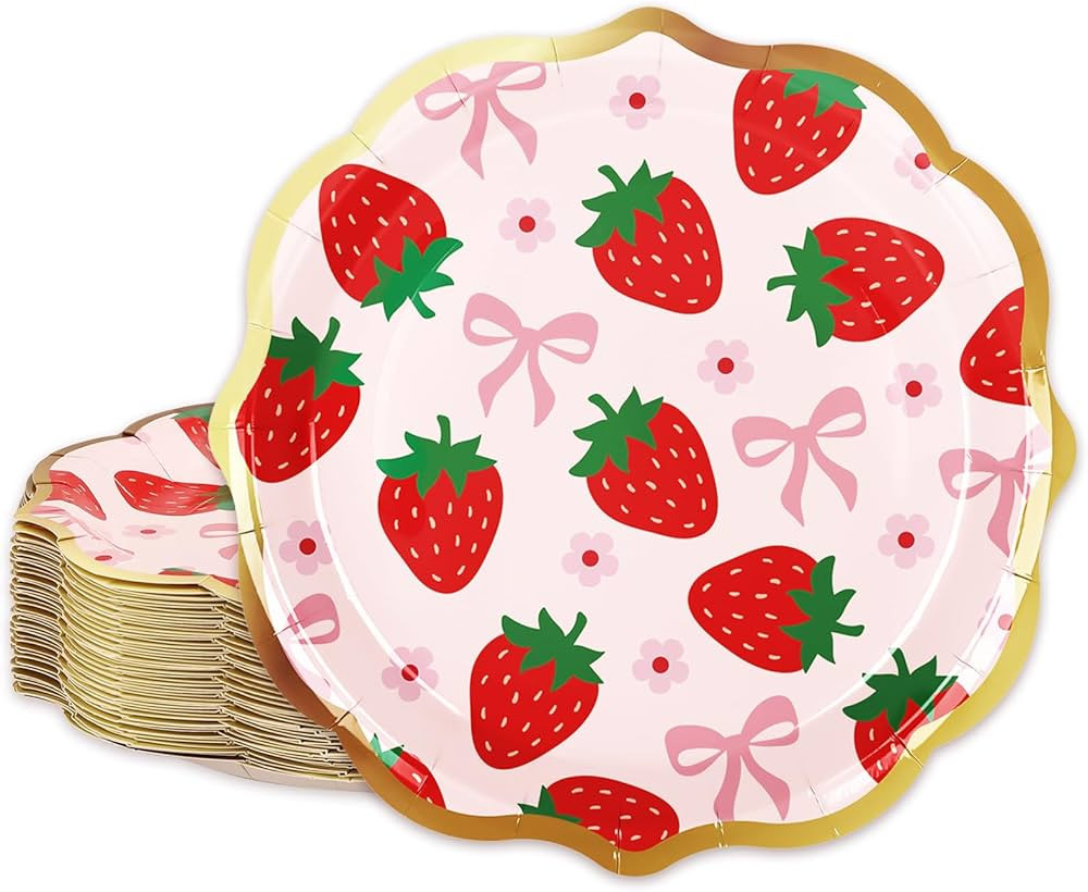 30Pcs Strawberry Bow Paper Plate Summer Fruit Scalloped Gold Foil Disposable Plate Coquette Red P... | Amazon (US)