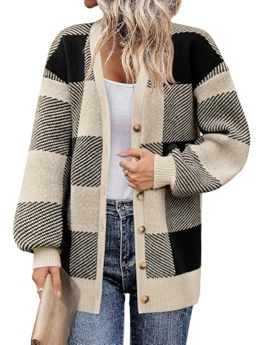 Saodimallsu Womens Checkered Sweater Color Block Plaid Cardigan V Neck Puff Sleeve Button Down Loose Knit Sweater Coats Black | Amazon (US)