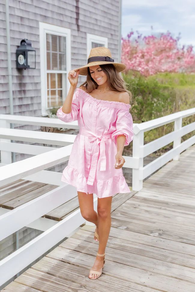 CAITLIN COVINGTON X PINK LILY Nantucket Pink Off the Shoulder Button Front Mini Dress FINAL SALE | Pink Lily