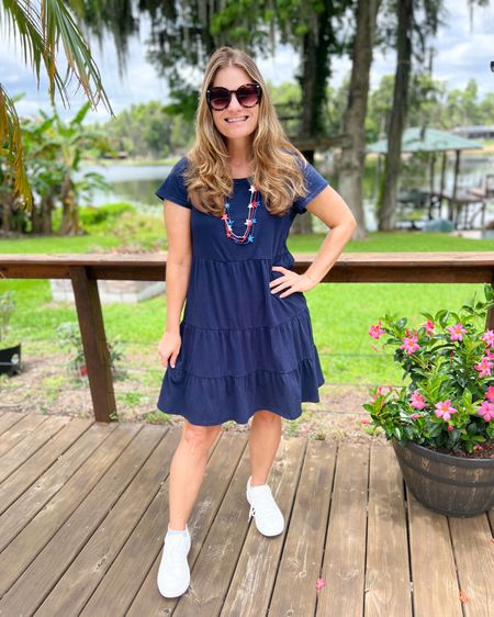 #walmartpartner 4th of July Outfit! This is what I'm planning to wear this year. This dress is SO comfy and easy to wear. I like how it can be dressed up or down. It does run big (I sized down one to a small). The necklaces I will share with the kids but I thought they were super fun :) @walmart #walmrtnfinds

#LTKSeasonal #LTKFindsUnder50 #LTKOver40