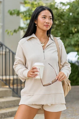 Take Five Ribbed Quarter Zip Taupe SALE | Pink Lily