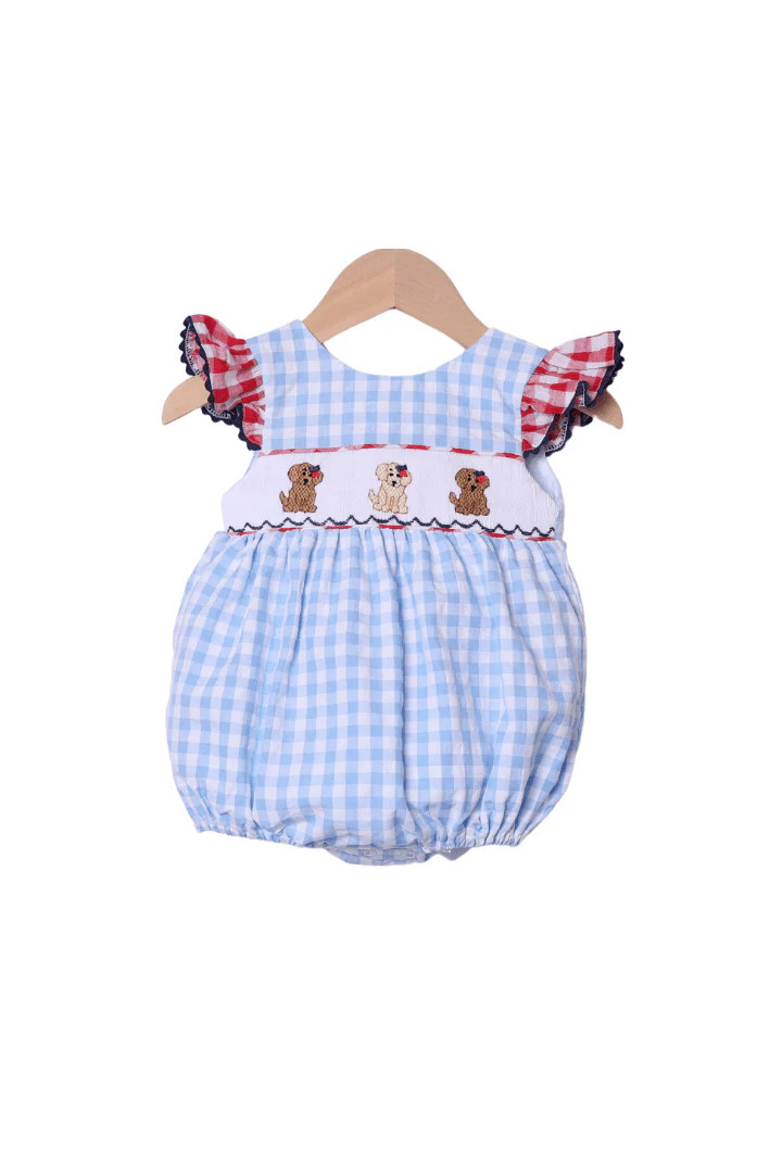 Smocked Blue Gingham Patriotic Pup Bubble | The Smocked Flamingo