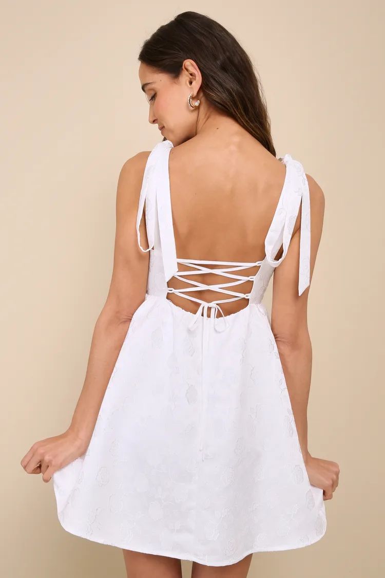 Precious Allure White Jacquard Tie-Strap Lace-Up Mini Dress | Lulus