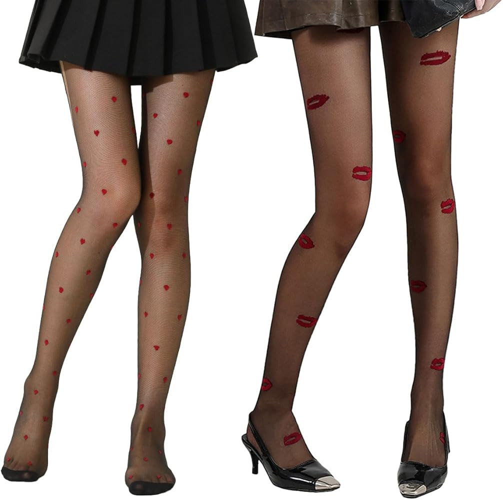 2 Pairs Valentine's Day Tights, High Waist Heart Red Lips Patterned Pantyhose Sheer Stockings, fo... | Amazon (US)