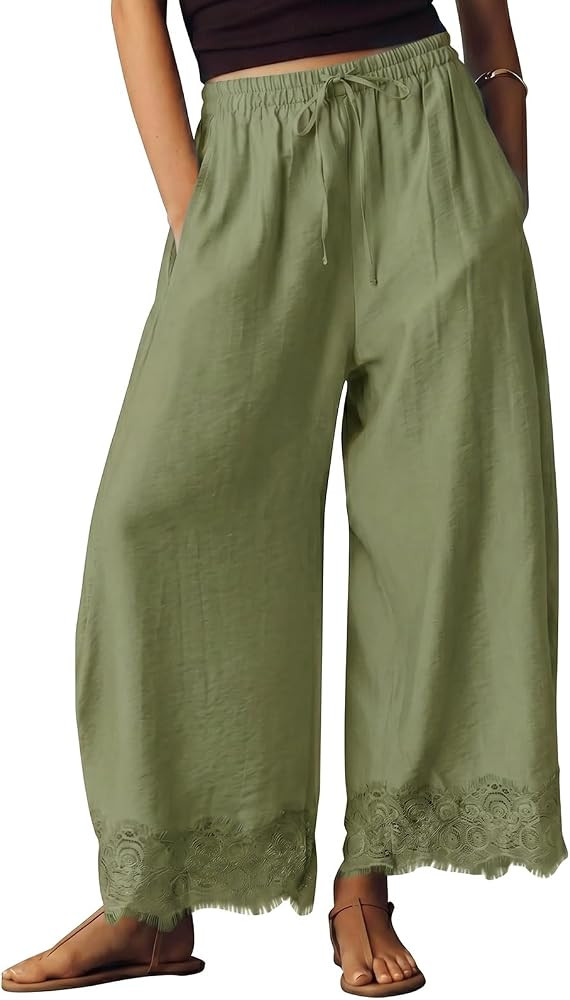 EXLURA Womens Cotton Lace Trim Wide Leg Cropped Pants Drawstring Trousers | Amazon (US)