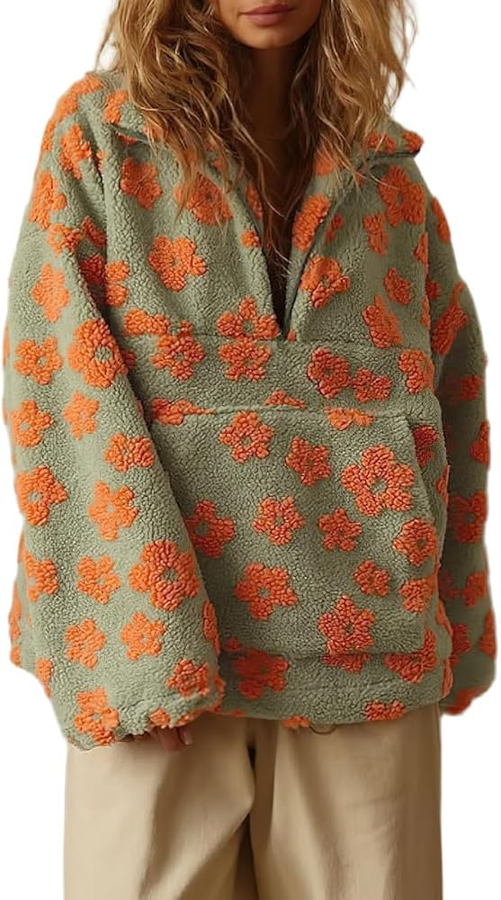 chouyatou Women's Fall Cute Floral Faux Fur Pullover Fleece Sweatshirt Y2k Casual Zip Up Winter S... | Amazon (US)