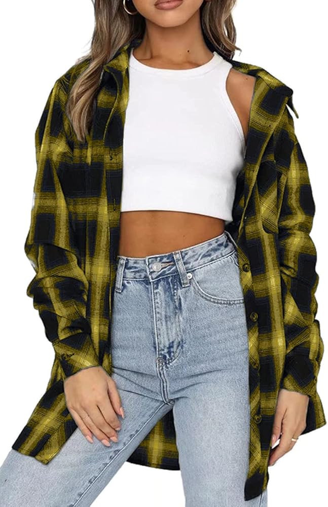 CHYRII Womens Button Down Flannel Shirts Long Sleeve Plaid Shackets Business Casual Blouse Top | Amazon (US)