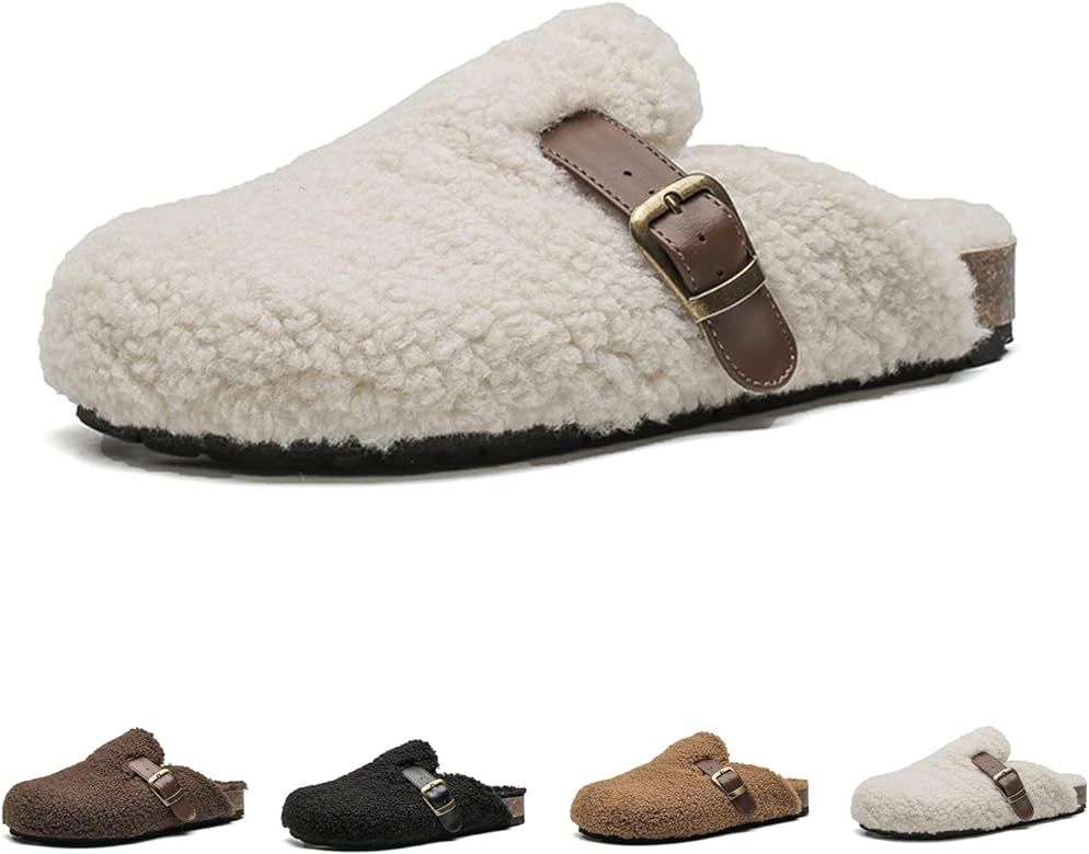 Women Shearling Slipper，Buckled Sherpa-Effect Loafers with Round Toe Clog Soft Fuzzy Slip On Mu... | Amazon (US)