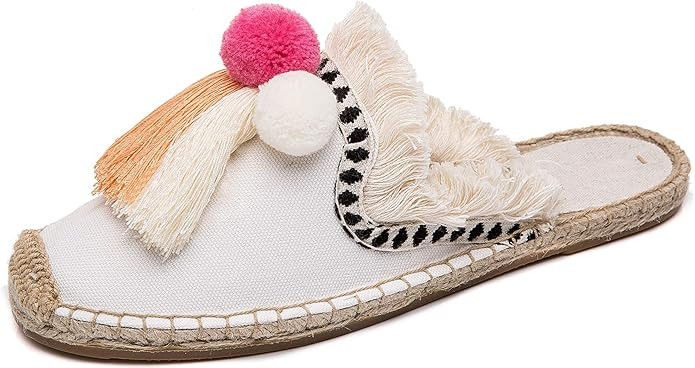 U-lite Women's Comfort Red Tassel & Fluffy Ball Embellishment Canvas Mule Shoes Espadrilles | Amazon (US)