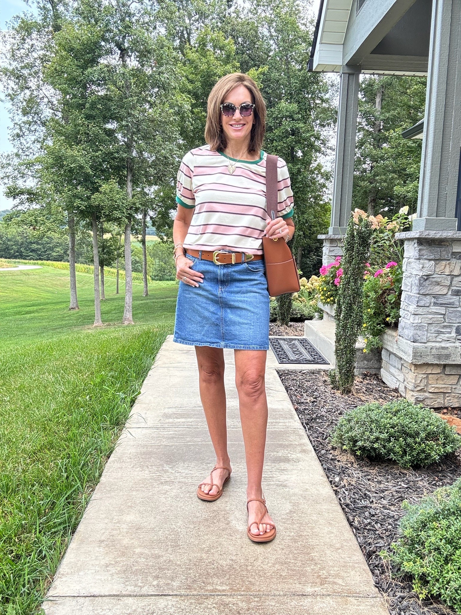 Striped tee medium 
Denim skirt / 29 regular but it’s big on me. I wear it down on my hips to get more length 

Fall transition
Outfit idea 
Ageless style 
Affordable fashion 
Denim skirt 
stripes

#LTKSeasonal #LTKTall #LTKootd