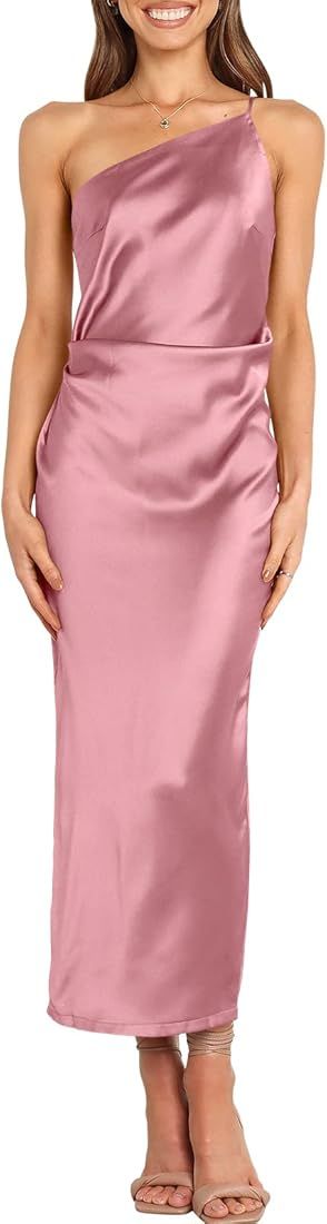 ANRABESS Women Summer Satin One Shoulder Bodycon Maxi Dress Sleeveless Split Prom Party Cocktail For | Amazon (US)
