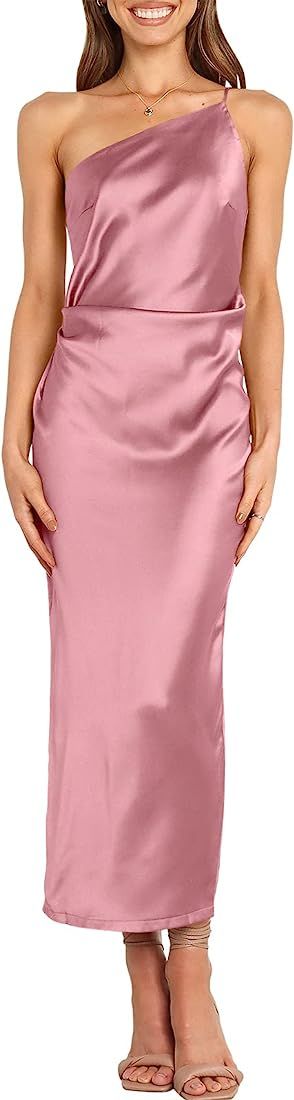 ANRABESS Women Summer Satin One Shoulder Bodycon Maxi Dress Sleeveless Split Prom Party Cocktail For | Amazon (US)