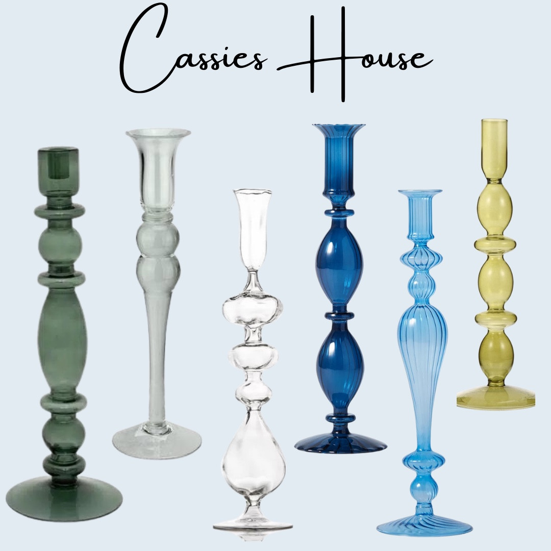 Blown glass candlestick taper candleholders.  Some are also available in white.  Some pricing is for a set and some pricing is individual. 

Clear, green, blue, grey, champagne, pink, and amber. 

#LTKhome
