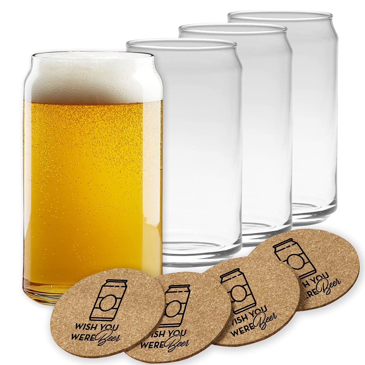 Beer Can Glasses Set of 4- Can Shaped Beer Glass Cups - Holds 16 Oz- Cork Coasters Included in Set-  | Amazon (US)