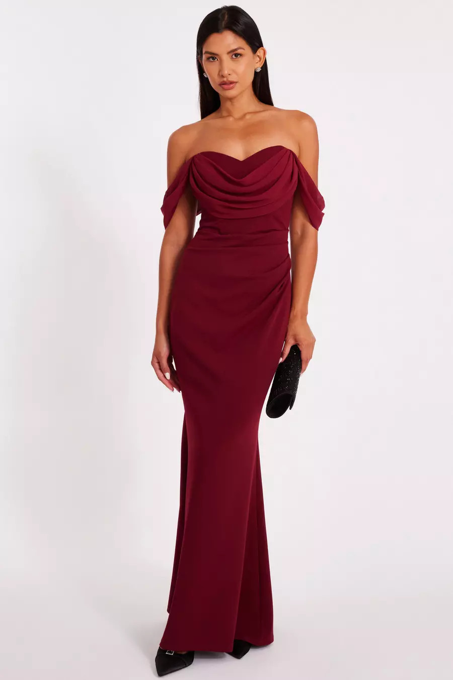 Dark Red Chiffon Bardot Maxi Dress | Quiz Clothing