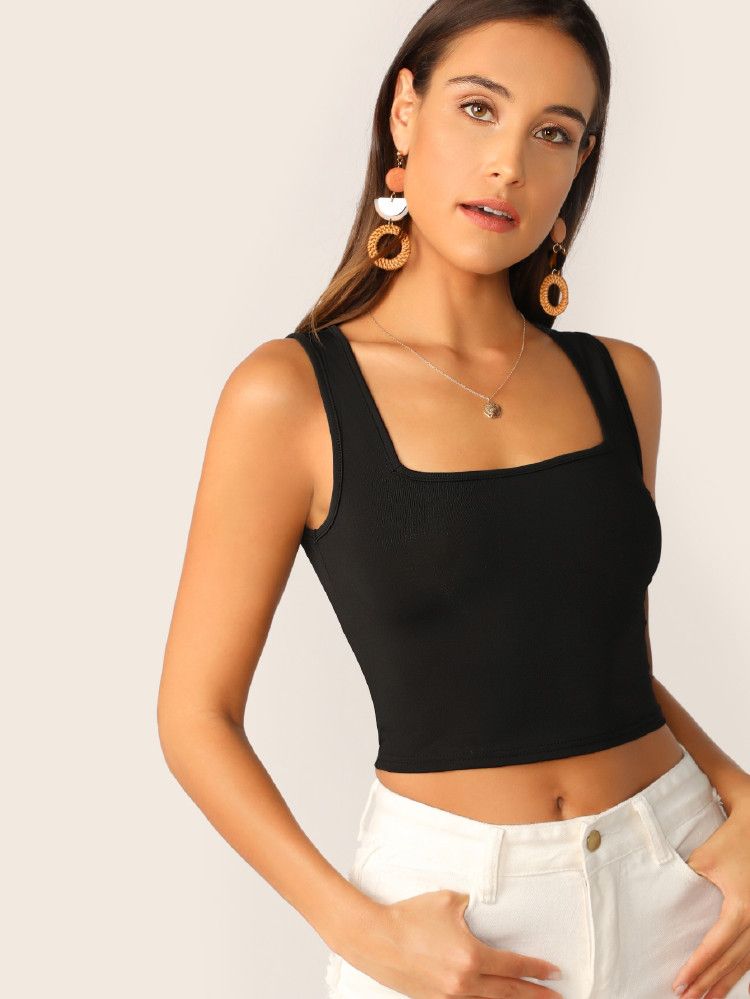 Square Neck Ribbed Crop Tank Top | SHEIN