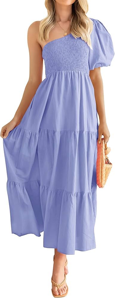 Zenlonr Women's Summer One Shoulder Maxi Dresses 2023 Casual Soild Puff Sleeve Smocked Tiered Ruf... | Amazon (US)