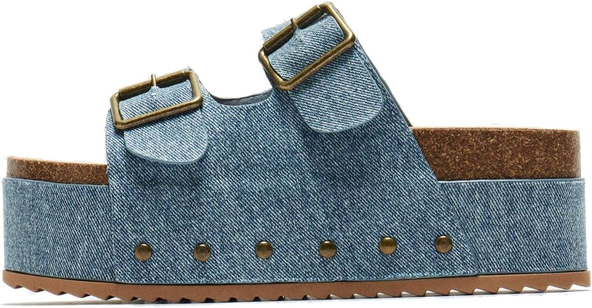 Women's Metallic Platform Sandals Cork Footbed Heeled Slides with Double Buckles Comfort Flatform... | Amazon (US)