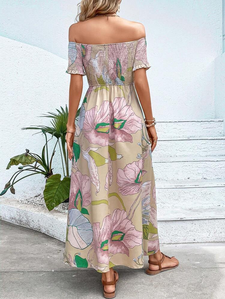 SHEIN VCAY Floral Print Off Shoulder Split Thigh Dress | SHEIN