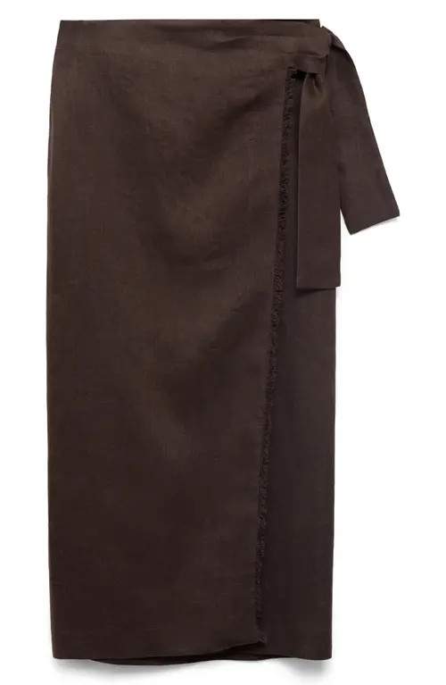 MANGO Side Tie Linen Wrap Skirt in Chocolate at Nordstrom, Size Medium | Nordstrom