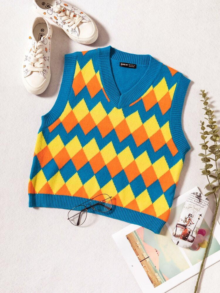 V Neck Argyle Pattern Sweater Vest | SHEIN