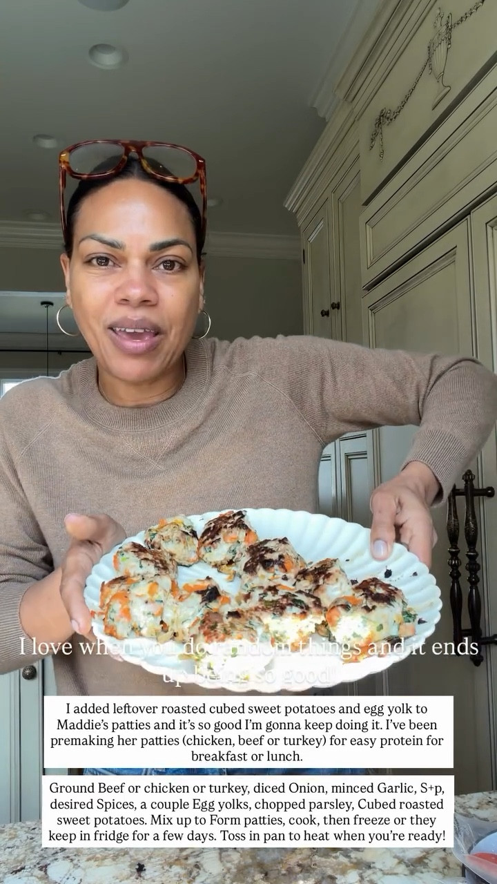 I love when you do random thungs and it ends up being so good!
I added leftover roasted cubed sweet potatoes and egg yolk to Maddie's patties and it's so good I'm gonna keep doing it. I've been premaking her patties (chicken, beef or turkey) for easy protein for breakfast or lunch.
Ground Beef or chicken or turkey, diced Onion, minced Garlic, S+p, desired Spices, a couple Egg yolks, chopped parsley, Cubed roasted sweet potatoes. Mix up to Form patties, cook, then freeze or they keep in fridge for a few days. Toss in pan to heat when you're ready!

#LTKdayinmylife #LTKHome #LTKfoodie