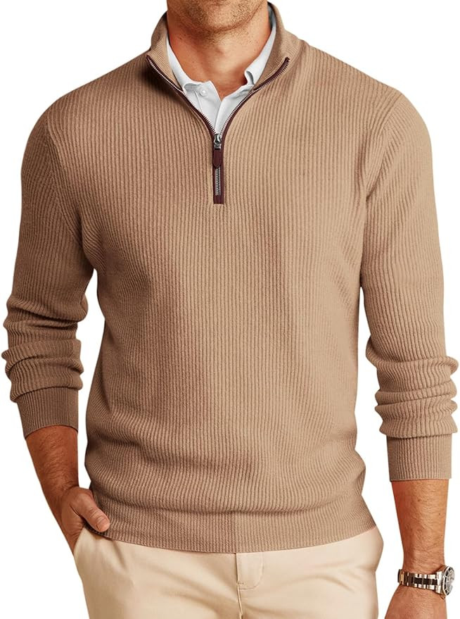 Runcati Mens Quarter-Zip Pullover Sweater Casual Mock Neck Winter Warm Ribbed Polo Sweaters | Amazon (US)