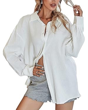 MakeMeChic - Camisas de gran tamaño con botones para mujer, blusa con botones y cuello | Amazon (US)