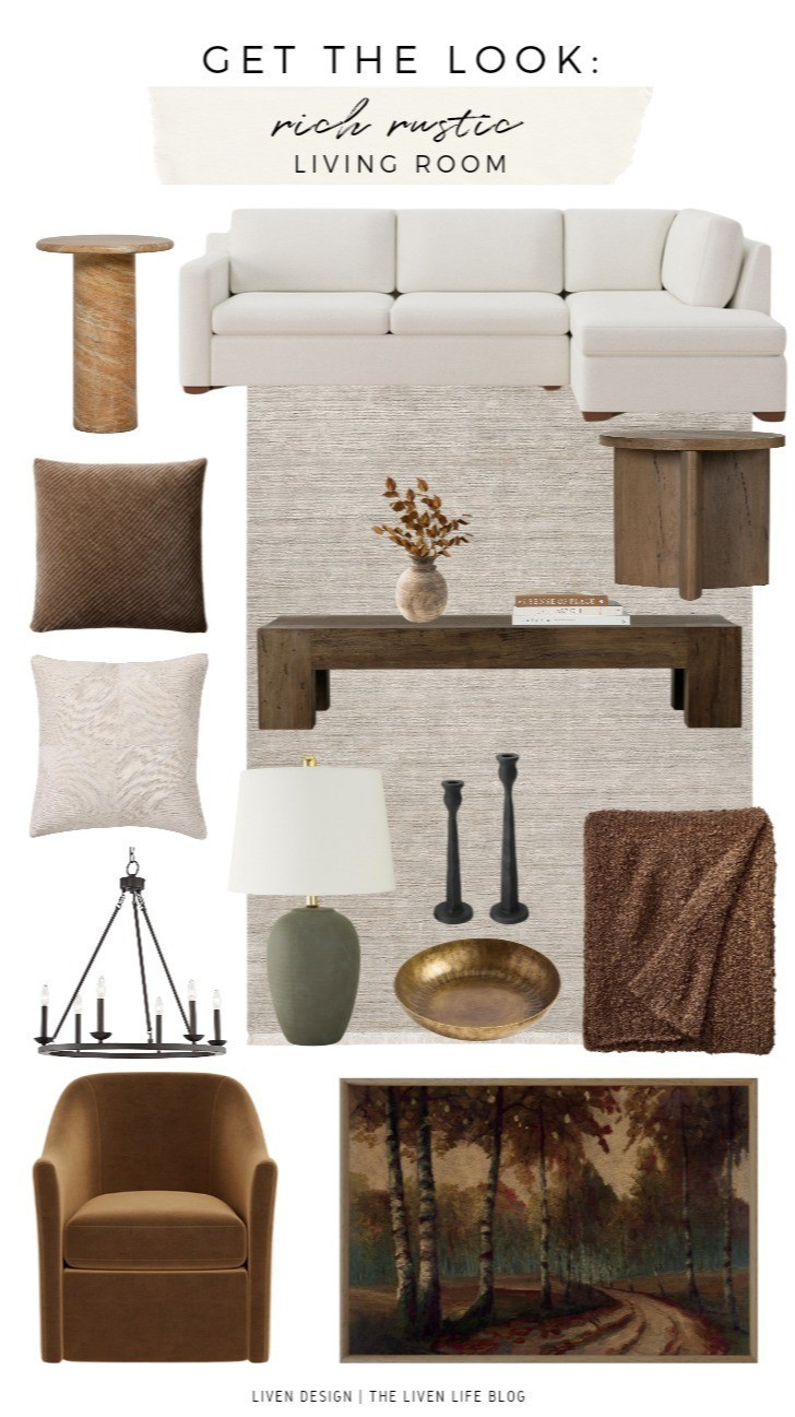 Rich rustic living room. Home decor. Sectional sofa. Side table. Throw pillows. Reclaimed wood coffee table. Ceramic  vase. Accent table. Earthy. Moody art. Candle holders. Neutral textured rug 

#LTKSeasonal #LTKHome #LTKSaleAlert