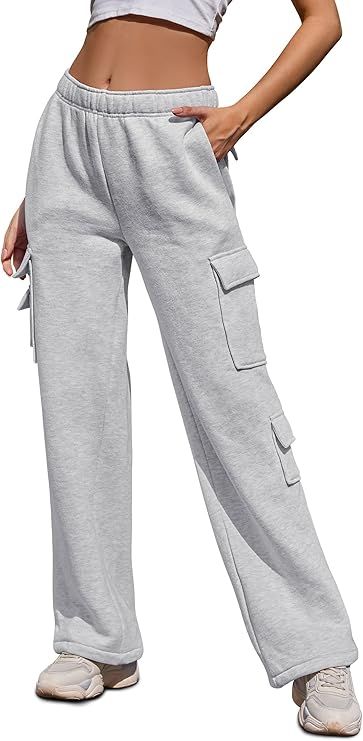 Women Fleece Cargo Sweatpants High Waisted Casual Baggy Joggers Pants | Amazon (US)