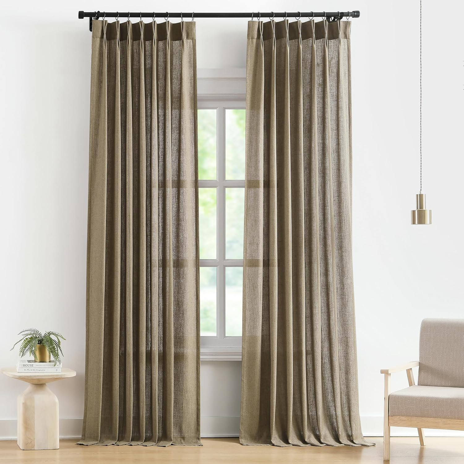Vision Home Brown Pinch Pleated Semi Sheer Curtains Textured Linen Blended Light Filtering Window... | Amazon (US)