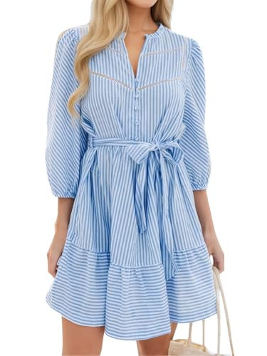 Angashion Women Striped Shirt Dress: Loose V Neck Button Down 3/4 Sleeve Belted Midi Dress Comfy with Pockets Sky Blue Large | Amazon (US)
