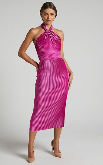 Marlette Midi Dress - Pleated Open Back Halter Dress in Grape | Showpo (US, UK & Europe)