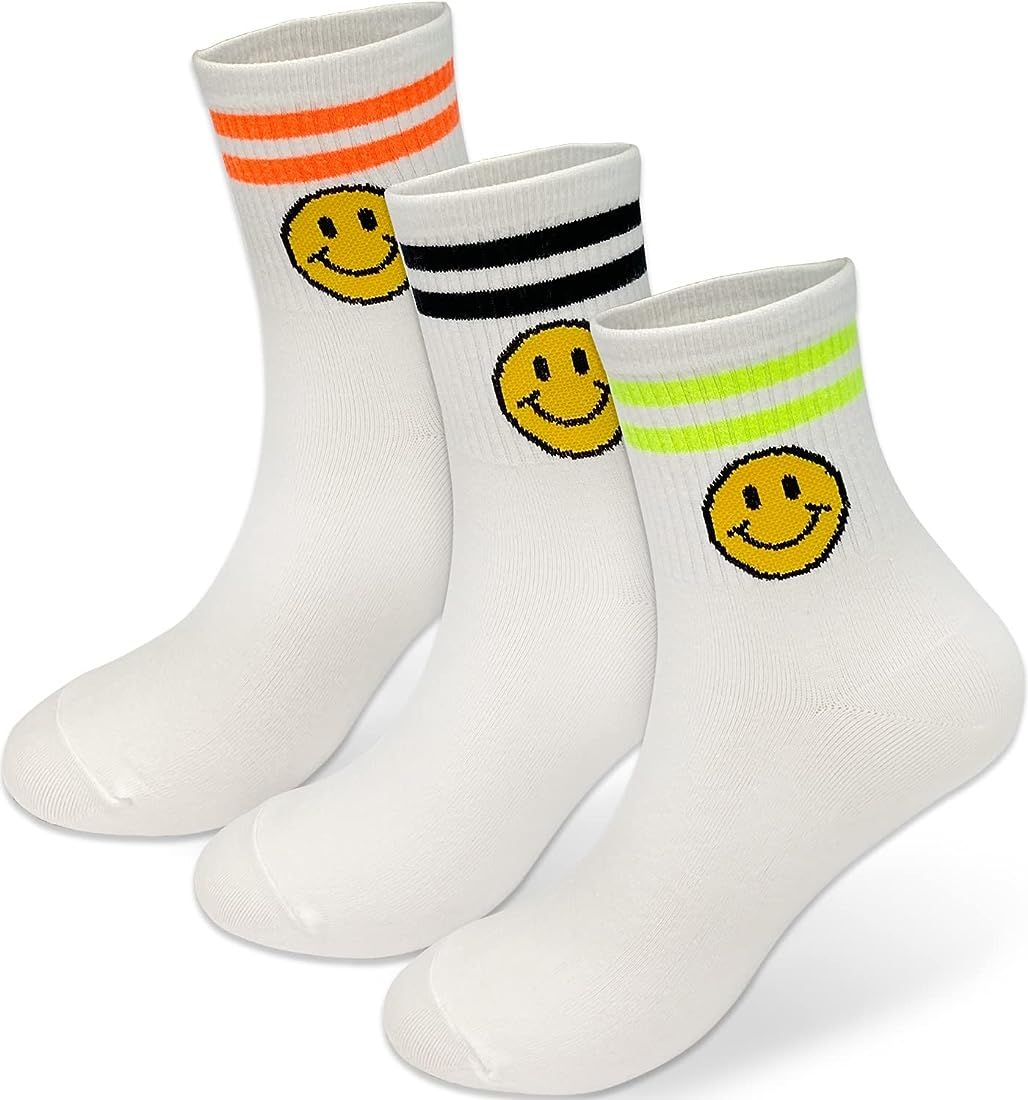 HOLAWIT Happy Face Fun Design Positive Smile Quarter Socks with Neon Double Stripes for Women 3P Set | Amazon (US)