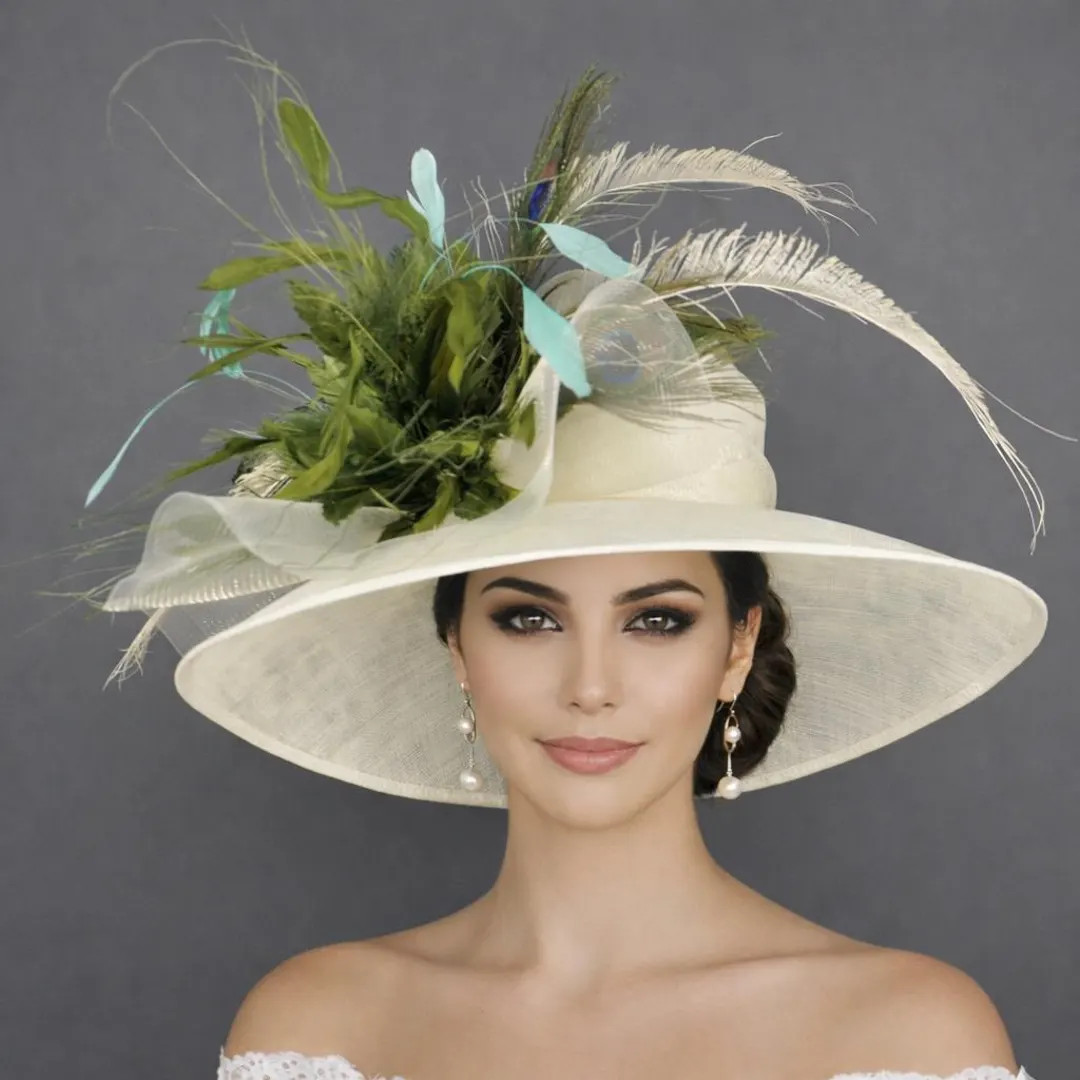 Kentucy Derby Hat Ivory/Off White Olive Green & Aqua, Peacock Feather Wide Brim Sinamay Hat Royal... | Etsy (US)