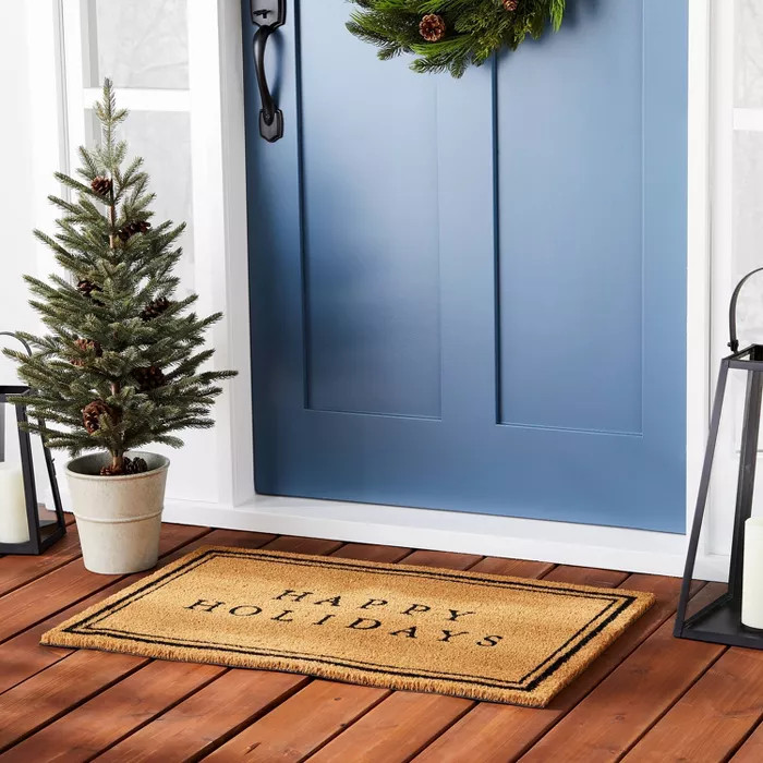 Happy Holidays Bordered Coir Doormat Tan/Black - Hearth & Hand™ with Magnolia | Target
