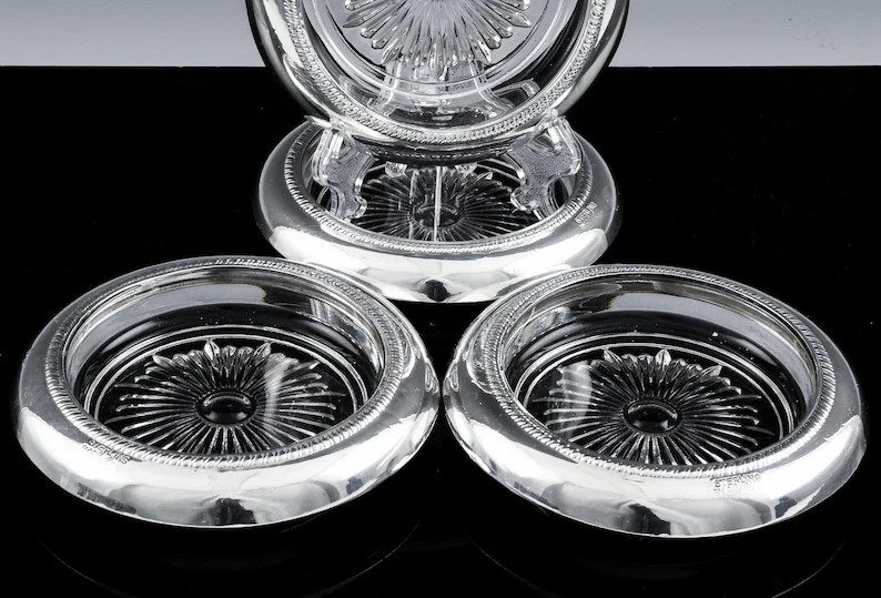 Very Nice Set of 4 Vintage Stacking Sterling Silver and Pressed Glass Wine Cup Drink Coasters Hol... | Etsy (US)